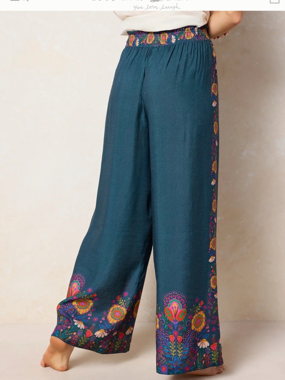 NATURAL LIFE Teal Wide Leg Pants with Multicolor Floral Border NWT - Picture 10 of 11